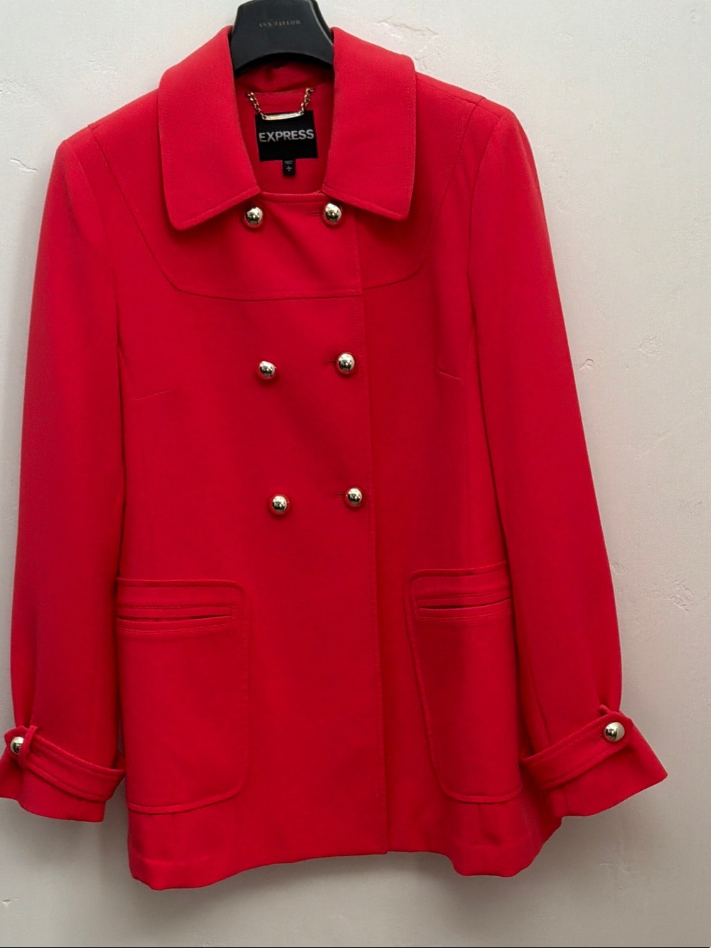 Express Bright Red Double-Breasted Peacoat with Gold Buttons